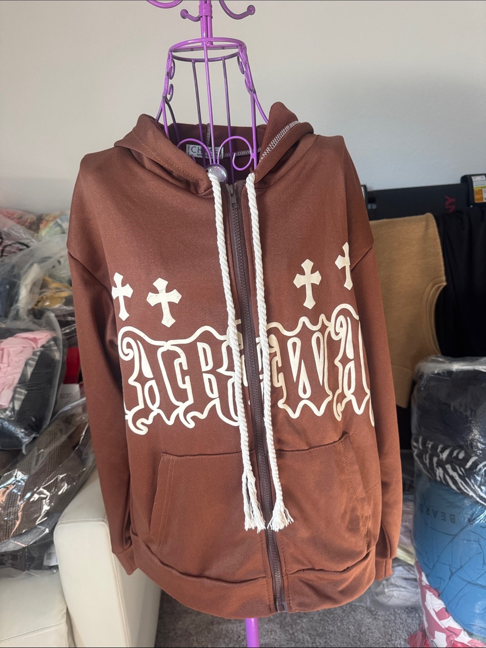 Chase Brown Graphic Zip Hoodie with Cross Design